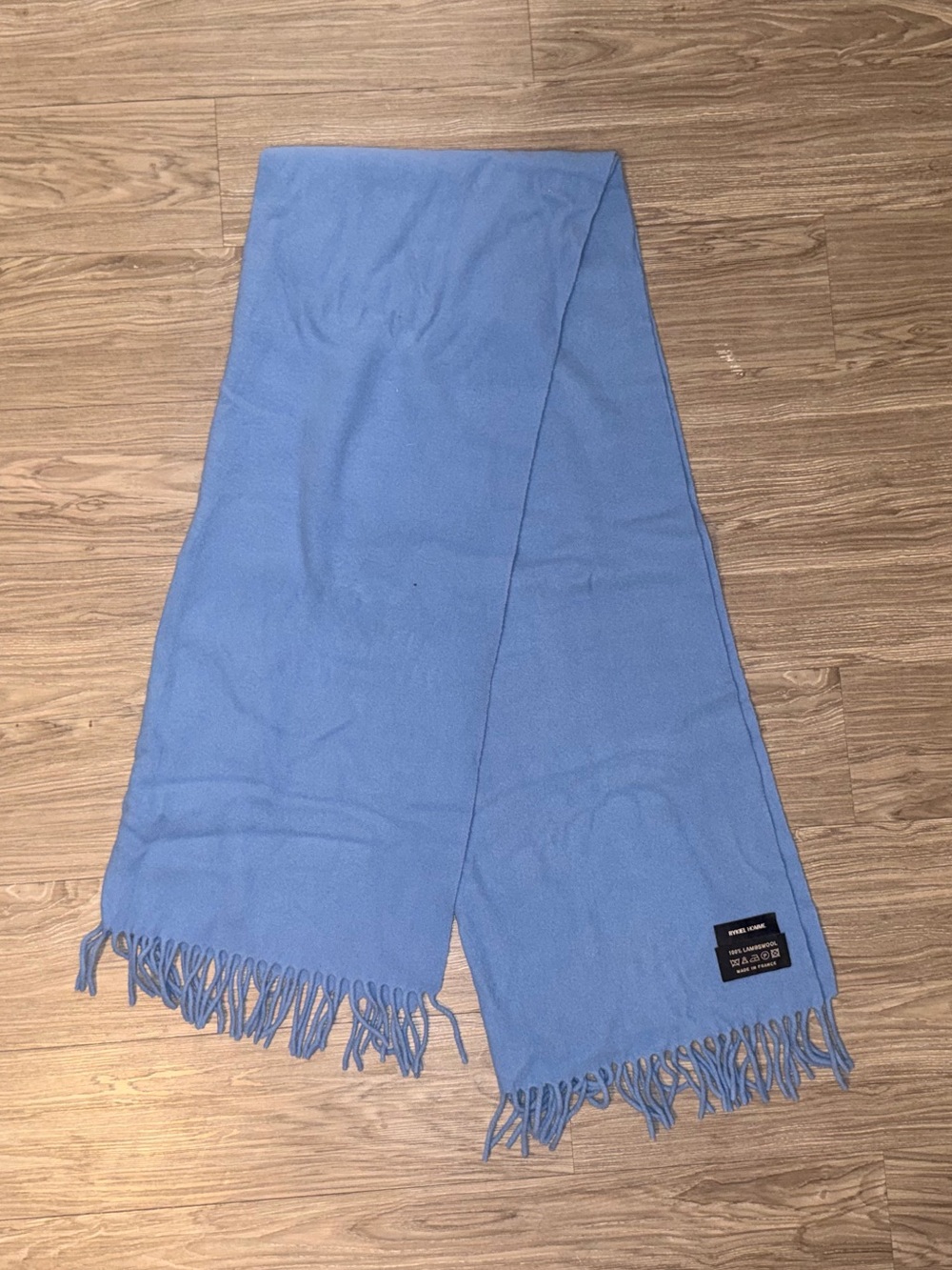 Rykiel Homme Large Rectangle 100% Wool Scarf Made in France Blue Fringe